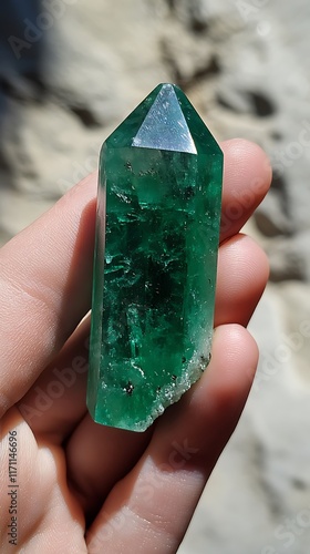 Hand holding a bowl with green jade stones