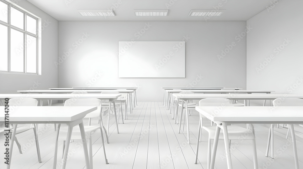 Fototapeta premium Empty white classroom, desks, chairs, whiteboard, sunlight, education, learning, teaching