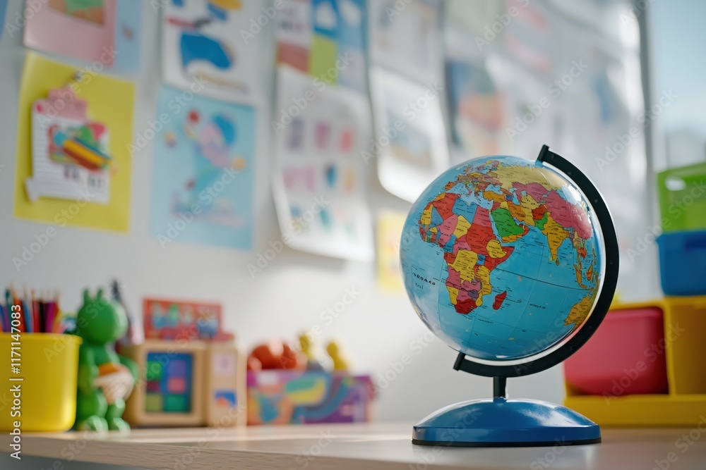 Colorful globe on desk with art supplies and educational posters in a bright classroom environment