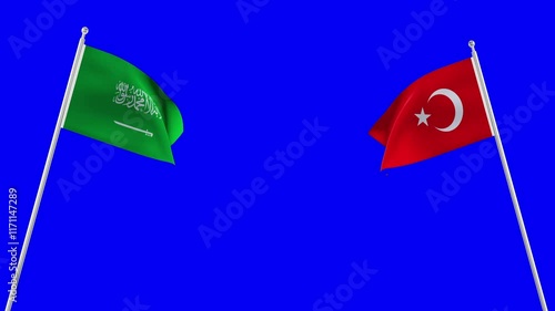 The Turkey and Saudi Arabia flags flying together. Flags Waving Against Each Other. 4K Chroma key.