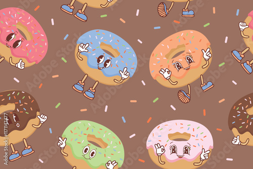 Seamless pattern with kawaii donuts. Hand drawn vector illustration on mocha mousse background.