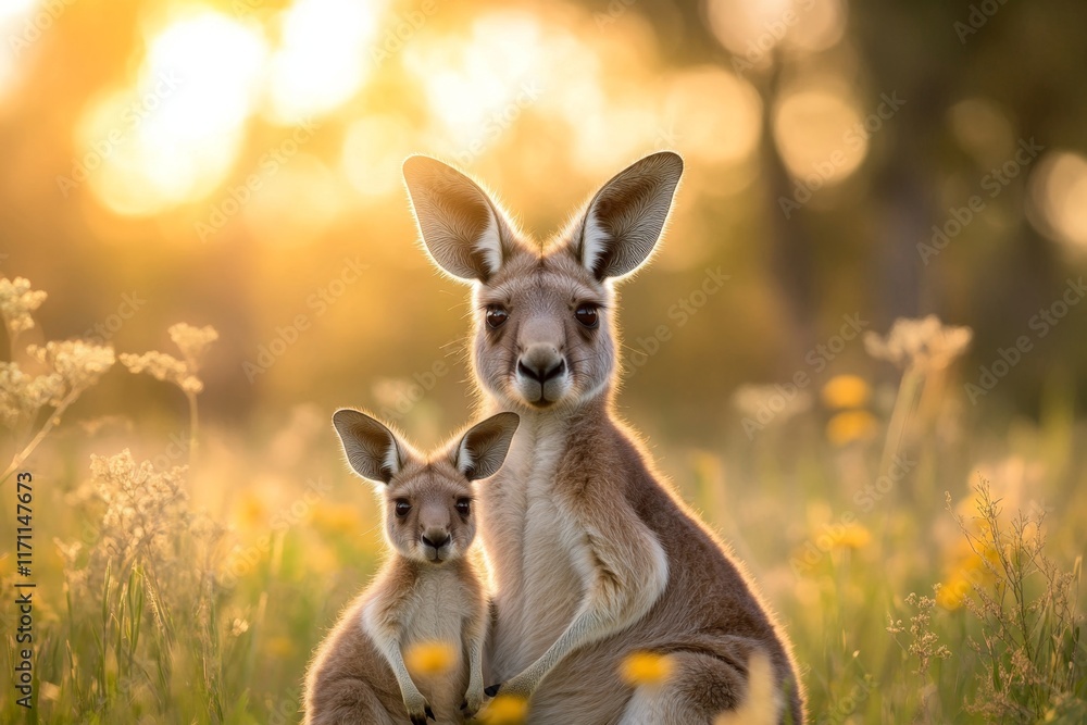Fototapeta premium A mother kangaroo carrying her joey in her pouch, both peering curiously at the camera in a grassy field
