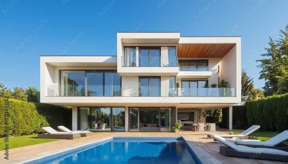 Fototapeta premium Modern Luxury Villa with Pool: A sleek and stylish modern villa with a sparkling swimming pool, showcasing the epitome of contemporary architecture and luxurious living. 