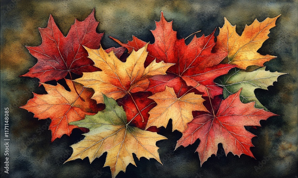 Fototapeta premium Colorful autumn maple leaves on dark background, fall nature scene