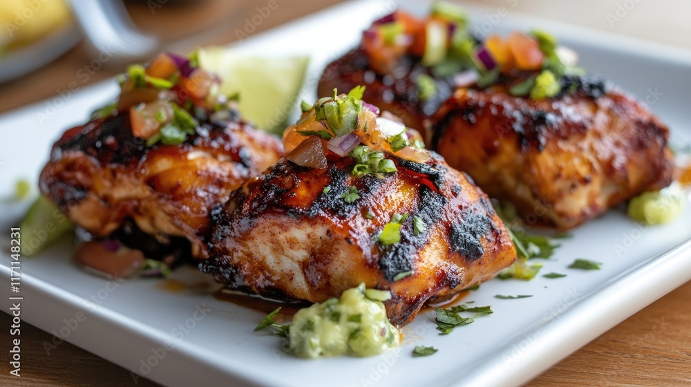 Generative AI-created image of tequila lime chicken, plated with flair and garnished for visual appeal. Generative AI-created image of tequila lime chicken, plated with flair and garnished for visual appeal.