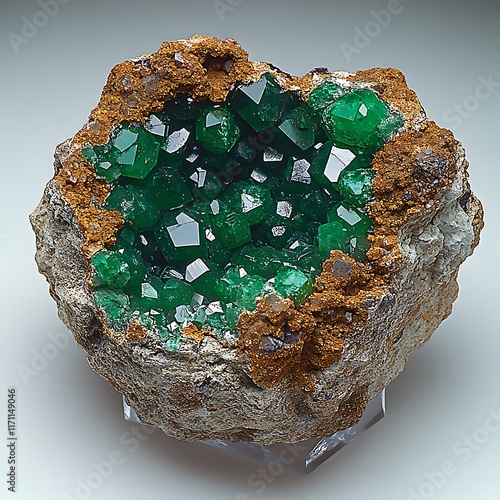 A mesmerizing chrysoprase stone gracefully arranged on a transparent display stand, set against a pristine white backdrop. The bright green color of the chrysoprase is enhanced by the sharp  photo