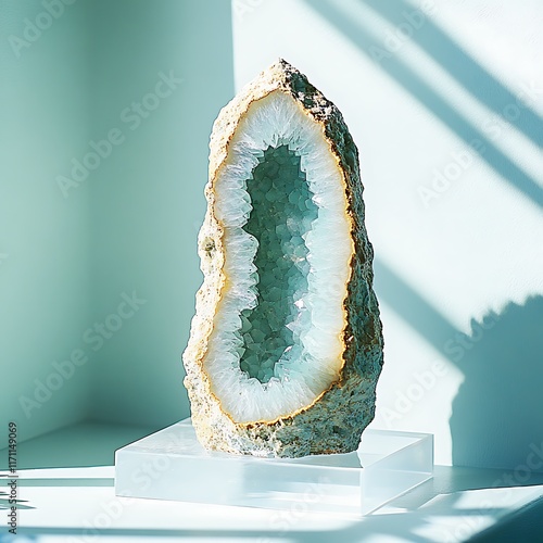 A mesmerizing chrysoprase stone gracefully arranged on a transparent display stand, set against a pristine white backdrop. The bright green color of the chrysoprase is enhanced by the sharp  photo