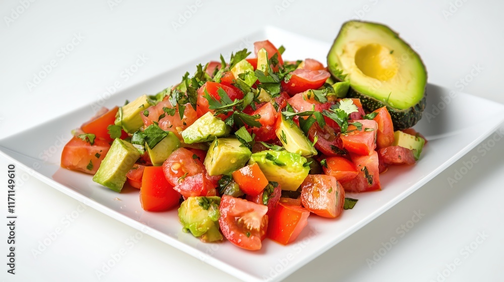 Fresh Colorful Salad with Tomato, Avocado, and Herbs on a White Plate Fresh Colorful Salad with Tomato, Avocado, and Herbs on a White Plate
