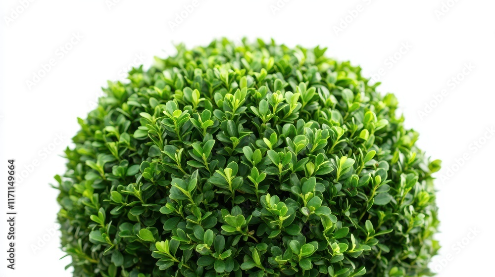 Obraz premium Clean and compact boxwood shrub shaped for formal gardens, standing alone against a white backdrop, ideal for creating structured, elegant landscapes.