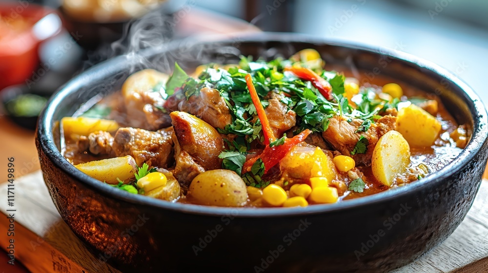 Delicious steaming bowl of spicy chicken stew with potatoes and fresh herbs served in traditional dish Delicious steaming bowl of spicy chicken stew with potatoes and fresh herbs served in traditional dish