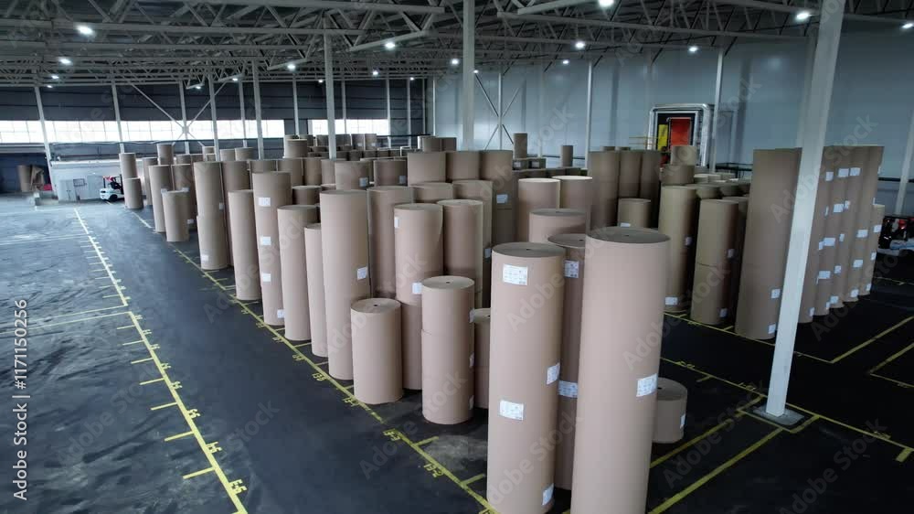 Hall of cardboard factory with finished products and forklifts. Large warehouse contains materials for loading onto special transport Hall of cardboard factory with finished products and forklifts. Large warehouse contains materials for loading onto special transport