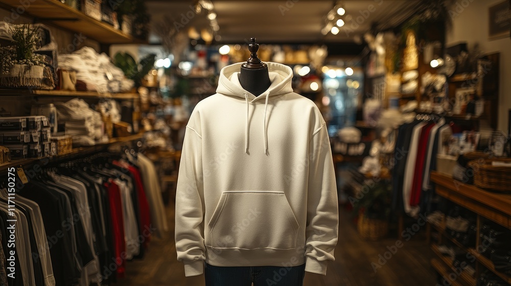 mockup of plain white hoodie in shop display. mockup of plain white hoodie in shop display.