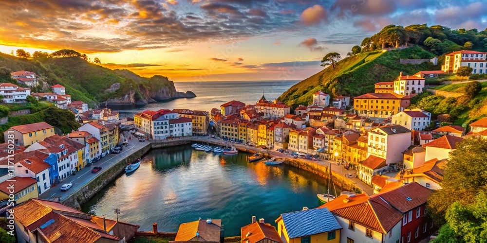 Obraz premium Stunning Cudillero Coastal View: Lighthouse, Harbor, and Picturesque Fishing Village