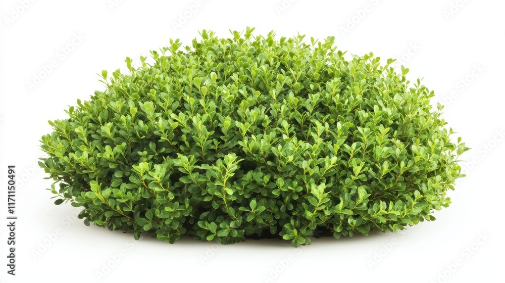 Obraz premium Symmetrical, compact boxwood shrub shaped for a formal garden, isolated against a white backdrop, ideal for landscaping projects.