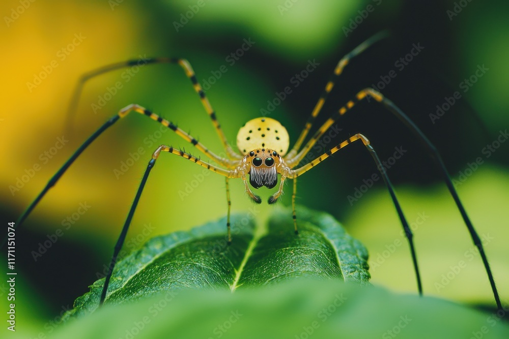 Eight-Legged Yellow Spotted Spider on a Green Leaf Captures the Beauty of Nature and Wildlife Photography. Eight-Legged Yellow Spotted Spider on a Green Leaf Captures the Beauty of Nature and Wildlife Photography.