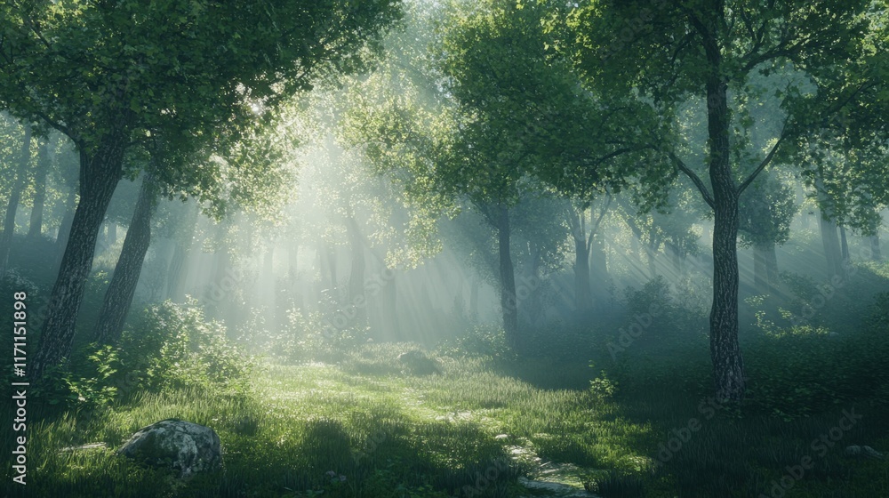 Fototapeta premium A serene forest clearing with sunlight streaming through the trees, creating a sense of natural freedom.