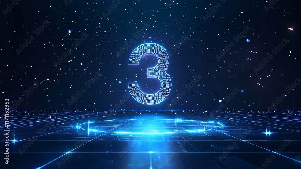 Glowing number three on futuristic grid. Glowing number three on futuristic grid.