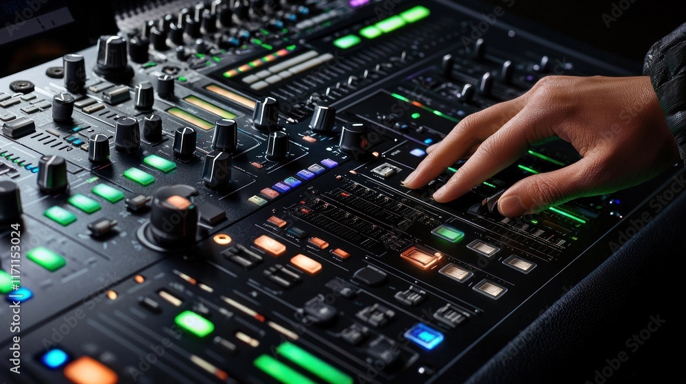 Sound Engineering: A Hand Adjusting Audio Mixer Sound Engineering: A Hand Adjusting Audio Mixer