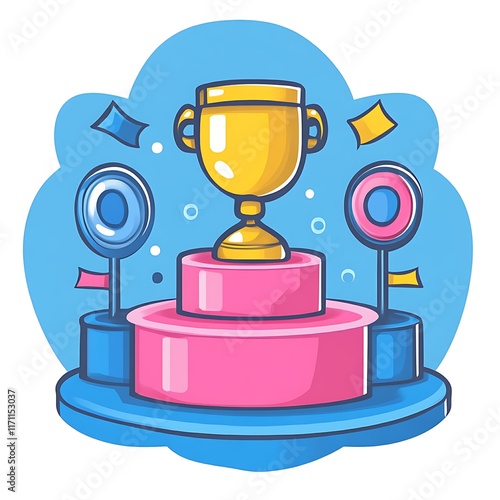 Golden Trophy on Pink and Blue tiered Stand