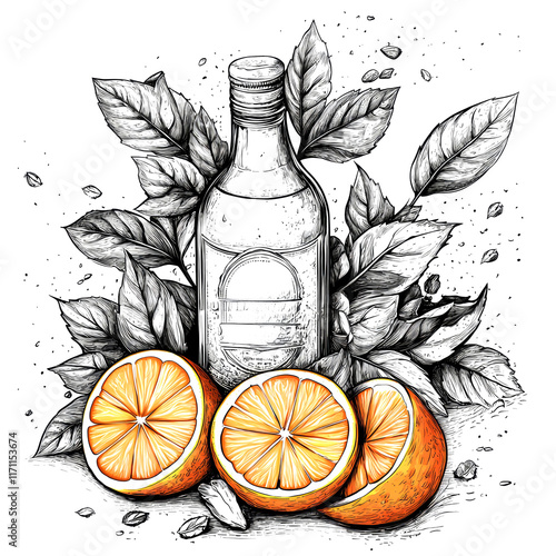 Elegant Hand-Drawn Illustration of Orange Liqueur with Botanicals.  photo