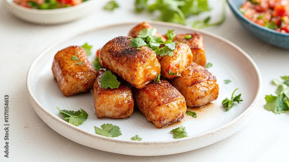 Delicious golden-brown potato cakes garnished with fresh herbs on a simple white plate Delicious golden-brown potato cakes garnished with fresh herbs on a simple white plate