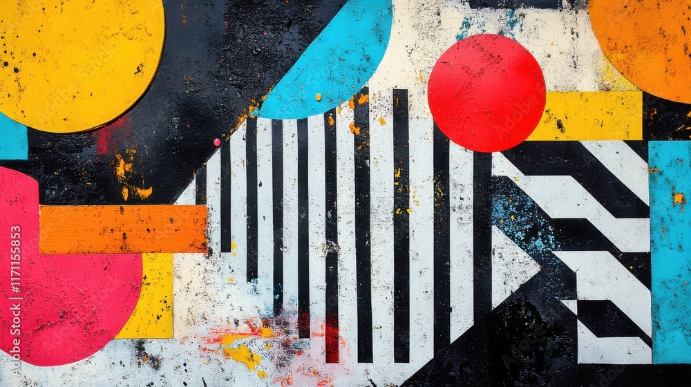 Fototapeta premium Vivid geometric mural showcasing bold colors and patterns on a textured wall, capturing artistic expression in an urban setting