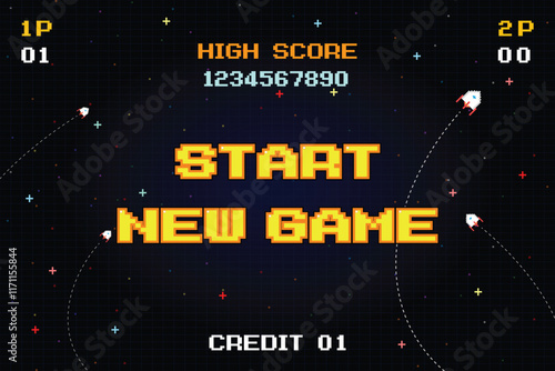 START NEW GAME. pixel art .8 bit game. retro game. for game assets .Retro Futurism Sci-Fi Background. glowing neon grid. and stars from vintage arcade computer games