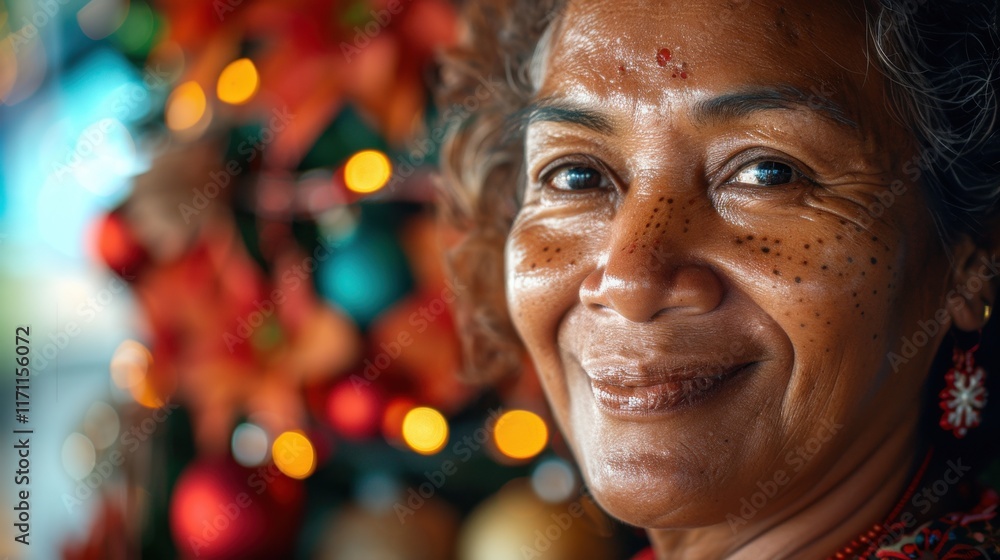 Smiling woman with intricate freckles poses in front of a festive backdrop adorned with colorful decorations during a warm celebration Smiling woman with intricate freckles poses in front of a festive backdrop adorned with colorful decorations during a warm celebration