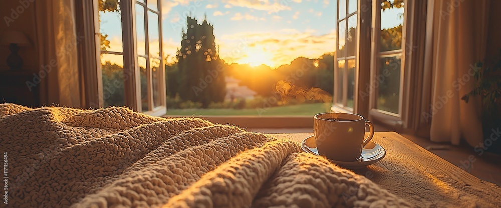 Cozy sunrise view with coffee and blanket. Cozy sunrise view with coffee and blanket.