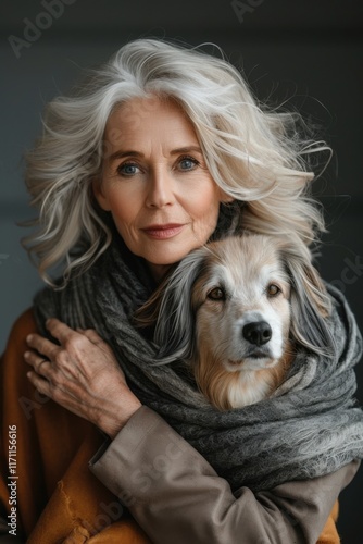 Woman with flowing silver hair embraces her loyal dog in a warm scarf while showcasing a peaceful indoor atmosphere during a cozy afternoon