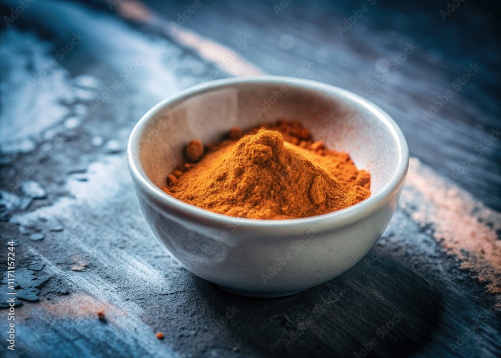 Gritty texture, vibrant turmeric powder against a pristine white. Urban exploration's quiet intensity.