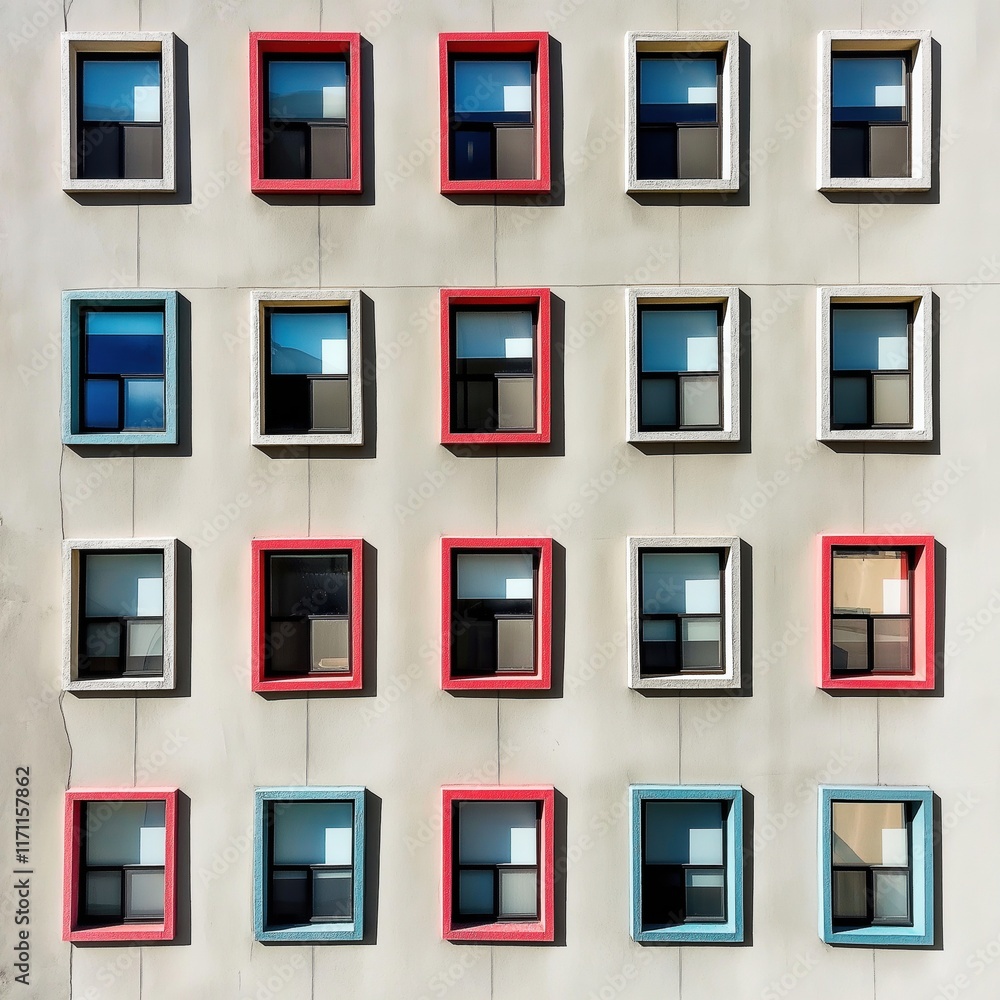 Colorful modern building facade with geometric windows in vibrant red and blue frames. Colorful modern building facade with geometric windows in vibrant red and blue frames.