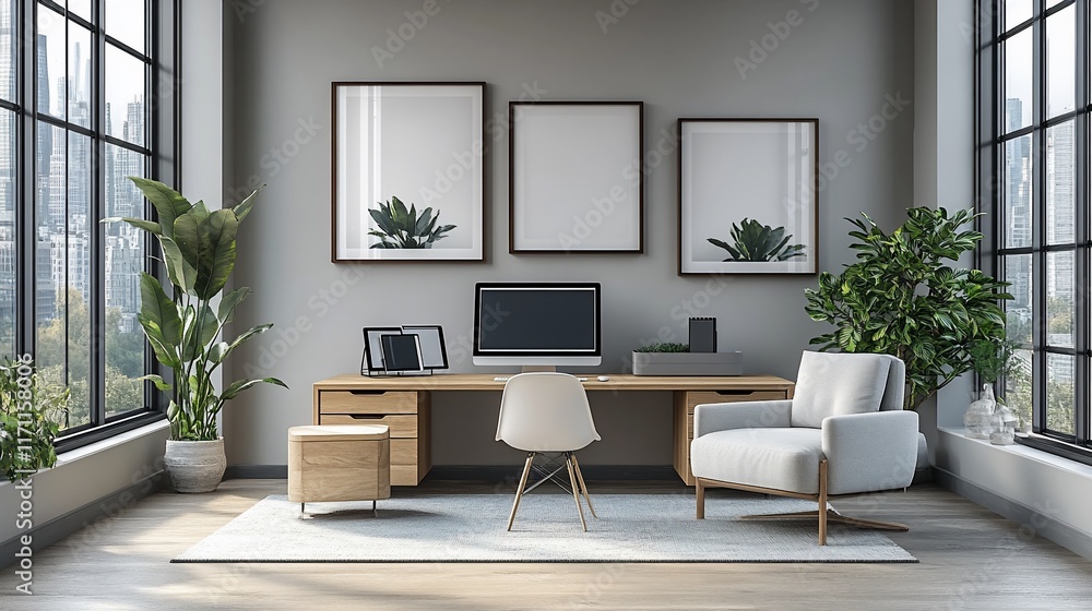 Fototapeta premium Modern city view home office workspace