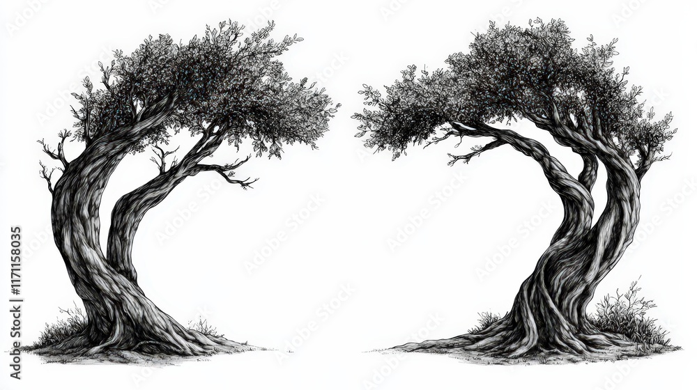 Two ancient olive trees gracefully curved against a white background Two ancient olive trees gracefully curved against a white background