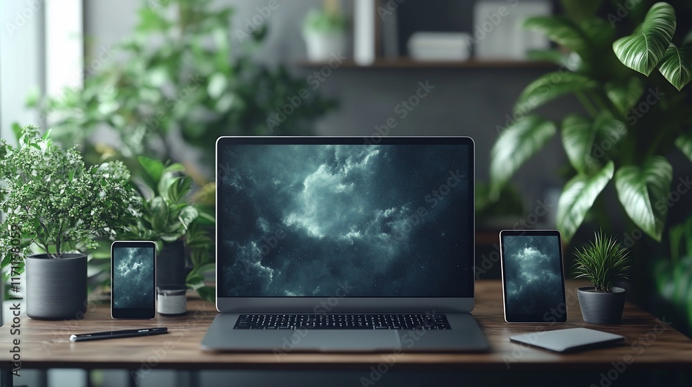 Fototapeta premium Stormy laptop screen, devices, plants, home office, productivity