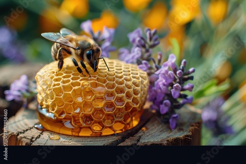 Honeybee collects nectar from honeycomb surrounded by vibrant purple lavender flowers during a sunny day in a lush garden setting photo