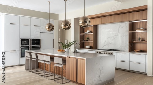 A modern kitchen with white cabinetry, light grey marble countertops, and a warm wooden island with built-in storage. Above the island, sleek metallic pendant lights add a futuristic touch.