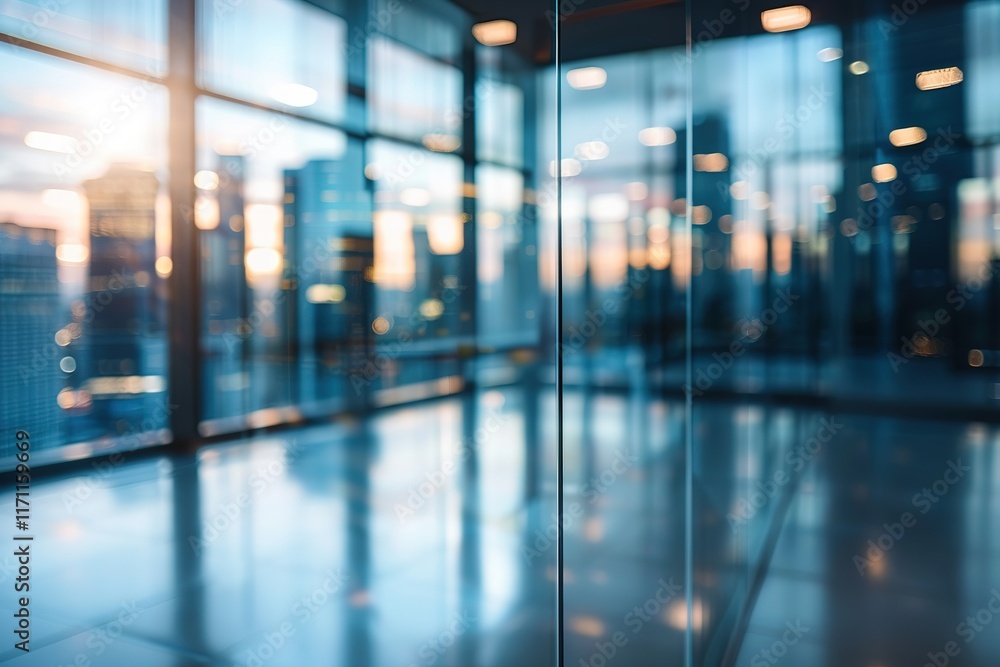 Modern office space with city view at sunset. Modern office space with city view at sunset.