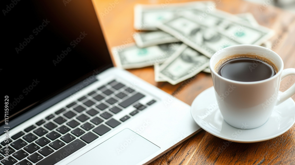 laptop, coffee cup, and cash on wooden table create productive workspace. scene conveys sense of focus and financial analysis, perfect for entrepreneurs laptop, coffee cup, and cash on wooden table create productive workspace. scene conveys sense of focus and financial analysis, perfect for entrepreneurs