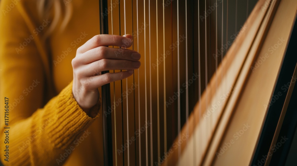 A close-up of a harpist's hands elegantly plucking strings during a classical performance soft lighting and golden hues serene and harmonious A close-up of a harpist's hands elegantly plucking strings during a classical performance soft lighting and golden hues serene and harmonious
