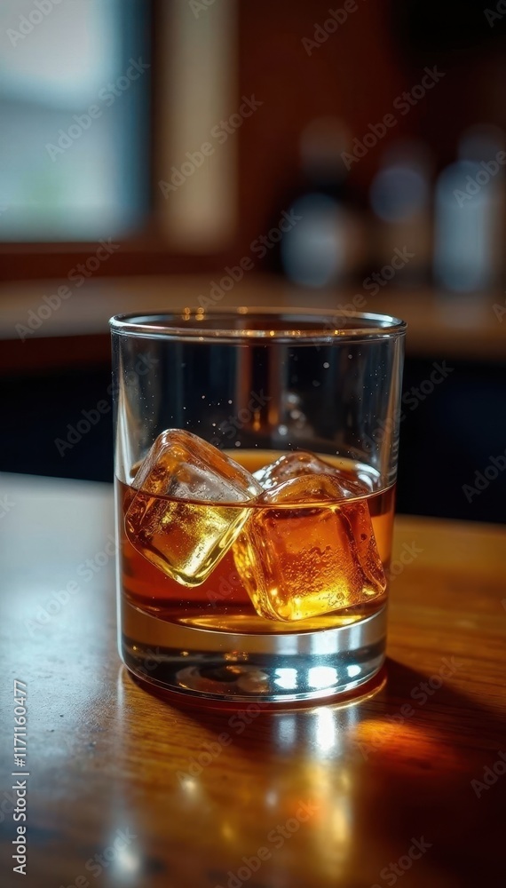 Wooden bar counter displays a single glass of whiskey with melting ice cubes, bar, whiskey, glass Wooden bar counter displays a single glass of whiskey with melting ice cubes, bar, whiskey, glass