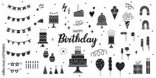 Happy Birthday doodle set. Sketch party decoration, gift box, cake, party. Hand drawn elements. Vector silhouette illustration