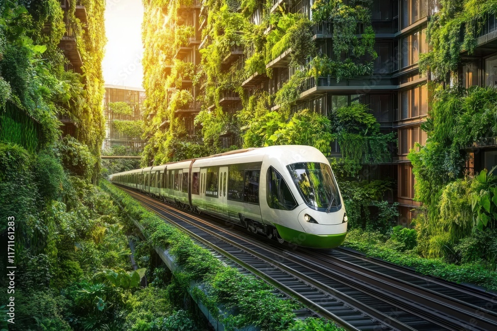 Fototapeta premium Modern train traveling through a lush urban environment with buildings covered in greenery, representing sustainable transportation and eco-friendly urban living