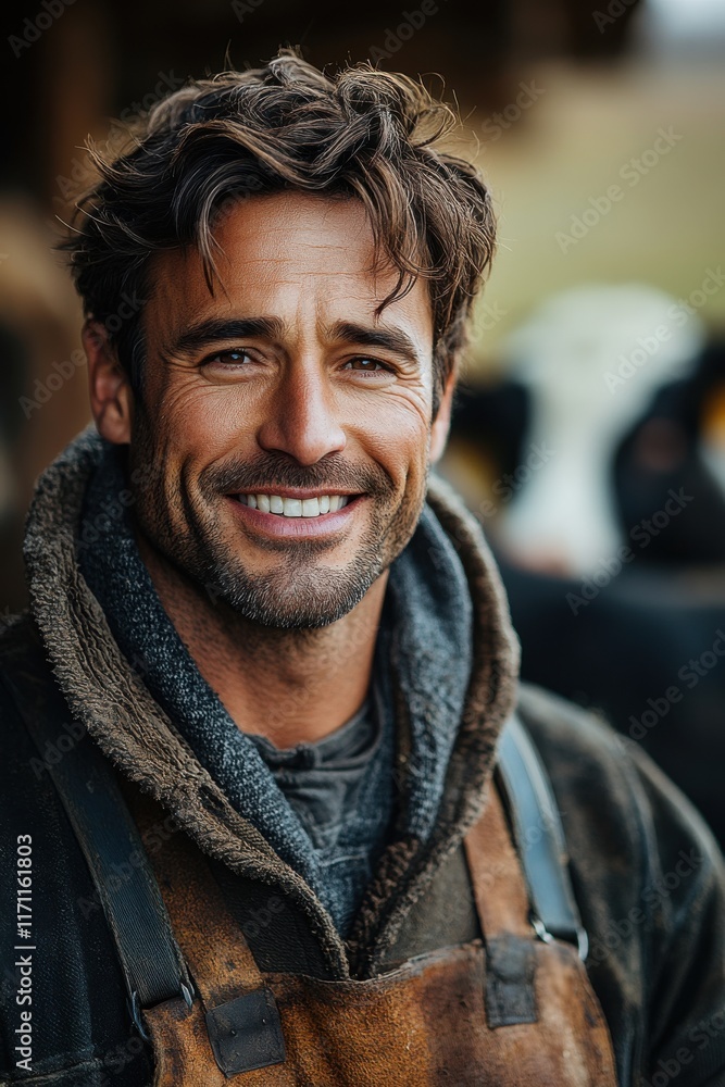 Smiling farmer in work attire stands in barn with cows, showcasing enthusiasm for rural life and connection to agriculture in a rustic setting