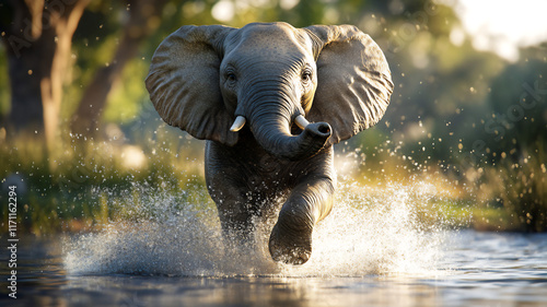 running elephant during mid-day in a river with a low Angle 