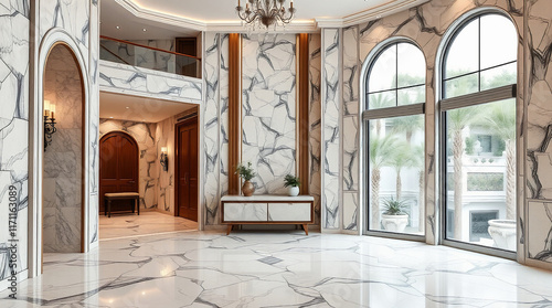 Spacious, marble-floored foyer with large arched windows, marble wall accents, and a light wood media console.  A second floor balcony is partially visible.  The overall design is elegant and modern. photo