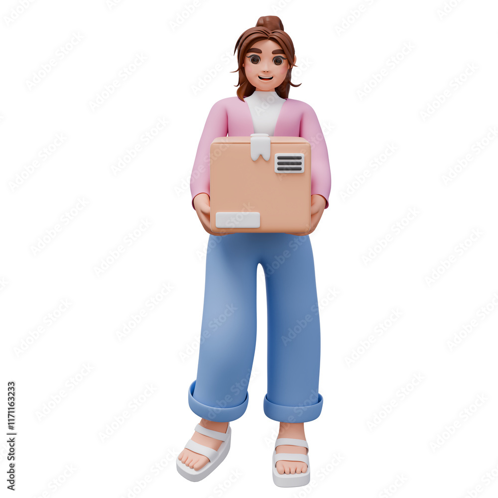 3D rendering of woman holding delivery package box. Illustration for e-commerce, online shopping, grocery shopping, retail marketing, and delivery services. 3D rendering of woman holding delivery package box. Illustration for e-commerce, online shopping, grocery shopping, retail marketing, and delivery services.