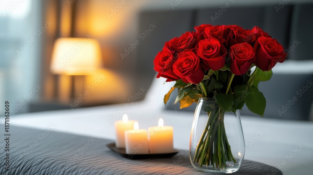 Obraz premium Romantic setting with red roses and candles on a bedside table in a cozy bedroom during the evening ambiance