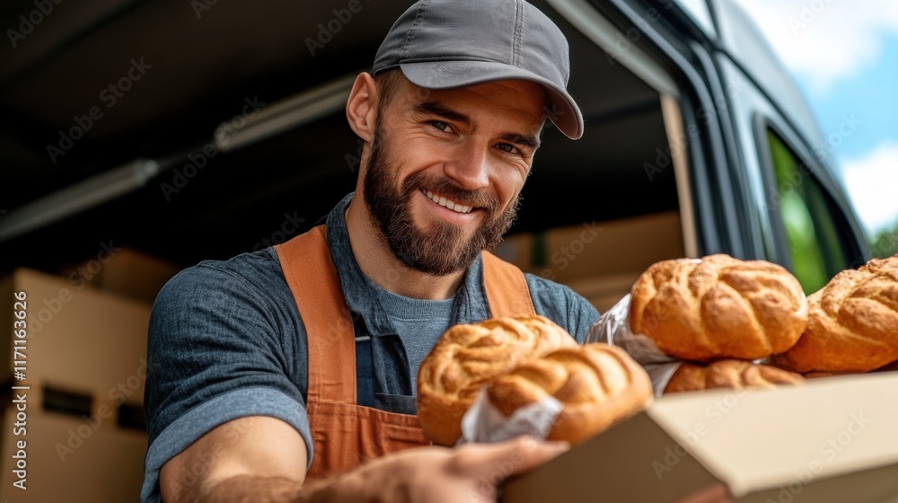 Baker delivering freshly baked bread in a delivery van during the morning hours capturing smiles and community spirit Baker delivering freshly baked bread in a delivery van during the morning hours capturing smiles and community spirit