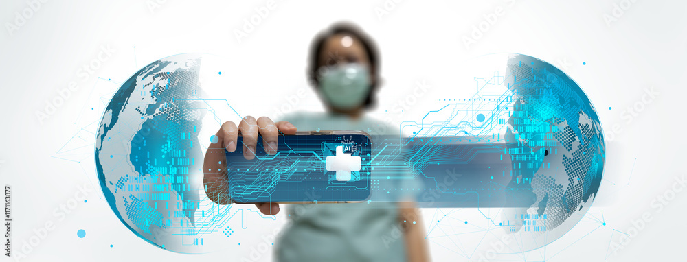 Medical professional uses smartphone, Ai world futuristic medical icons surrounding, isolated on white background. Concept of healthcare technology. 3D Rendering